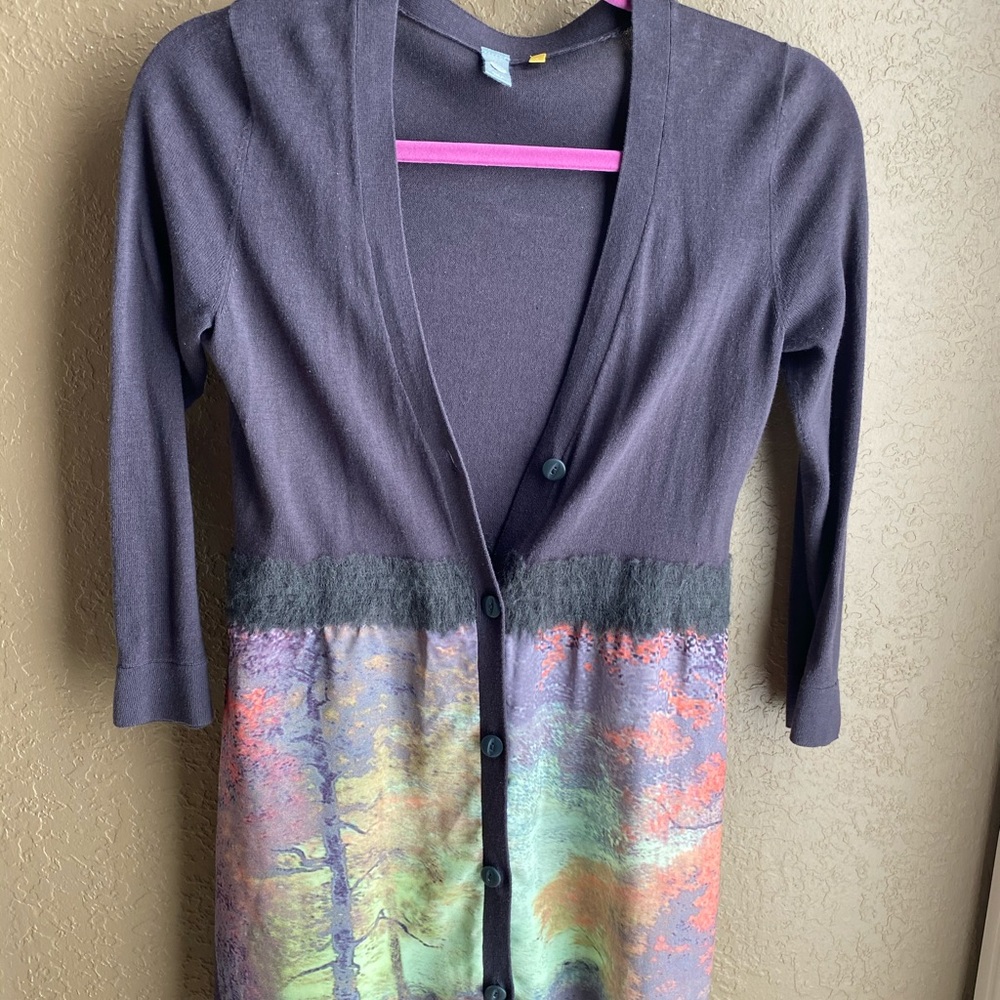 Anthropologie Knit/Silk Cardigan with Furry Detail